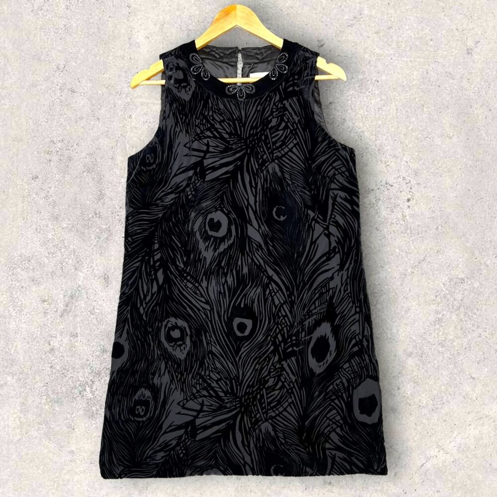 ECI New York Black Velvet Burnout Shift Dress Peacock Design Embellished Neck 8